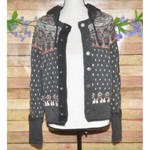 Free People Ladies Gray On My Way Hoodie Knit Sweater Size XS Mixed Print Wool - Picture 6 of 15